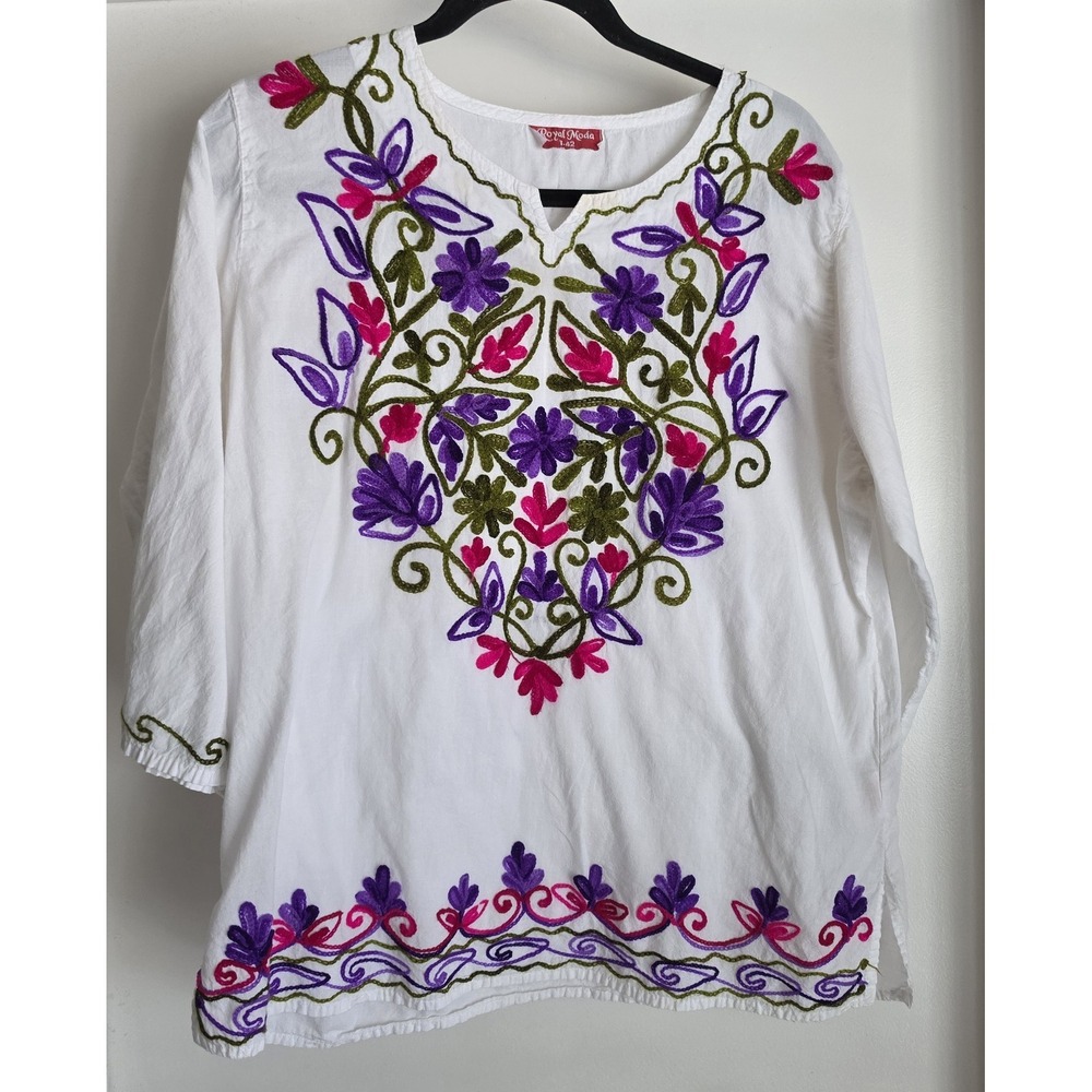 Royal Moda Tunic Top Floral Embroidery Boho Cotton 3/4 Sleeve White Purple